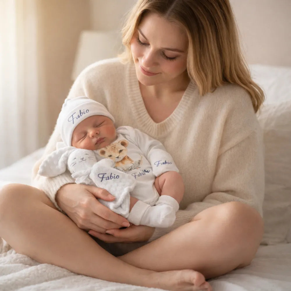 Cadeau naissance personnalisé bébé garçon avec body lionceau, ensemble bonnet moufles chaussons et doudou assorti - Les Créations des A