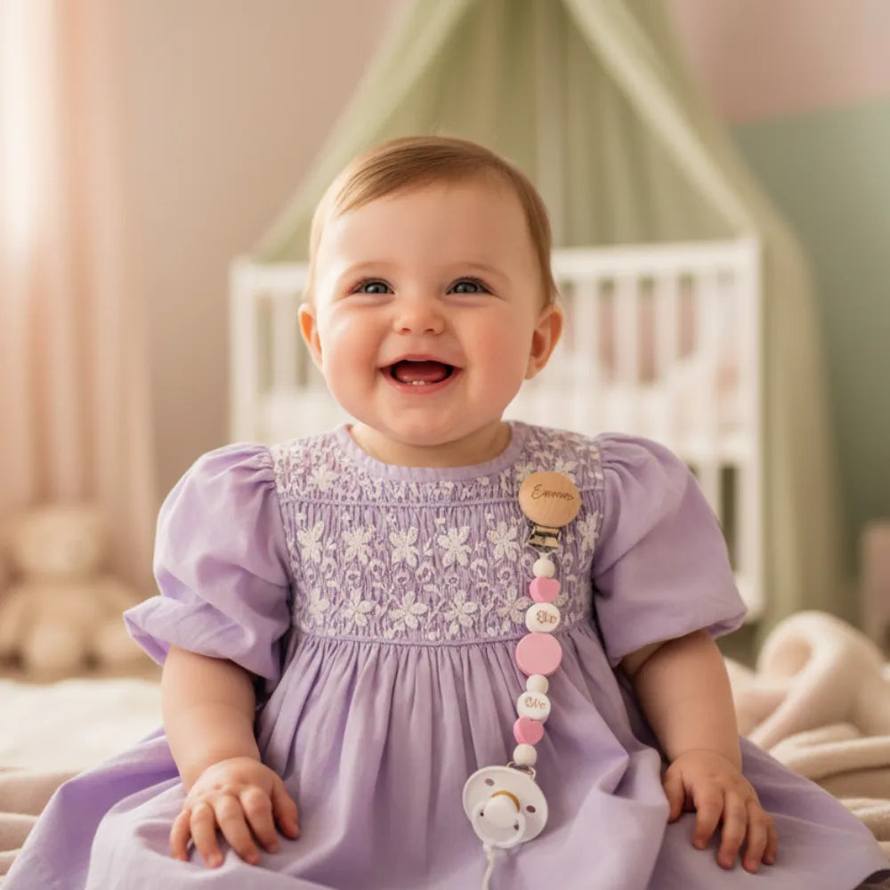 Bébé habillé avec attache-tétine personnalisée perles bois – accessoire bébé fait main - Les Créations des A