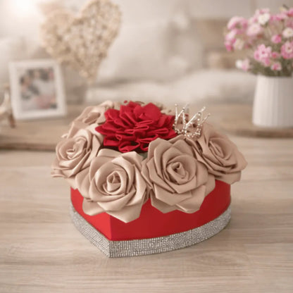 Boîte cœur garnie roses en satin et dahlia – cadeau romantique premium – Les Créations des A
