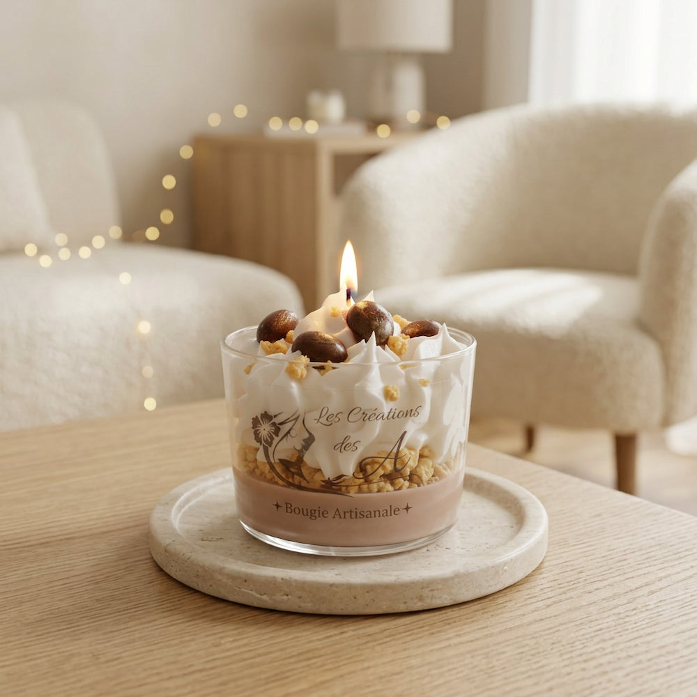 Bougie artisanale Eclat de Noisettes allumée, avec décor de cire façon chantilly blanche et ornements bruns, sur une table dans un salon cosy - Les Créations des A