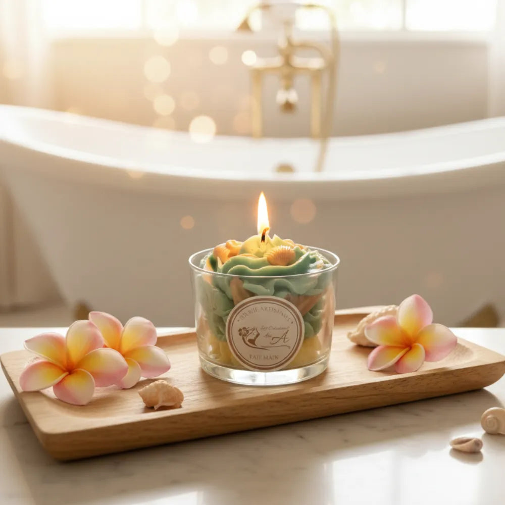 Bougie décorative allumée sur plateau en bois, ambiance spa et bain relaxant - Les Créations des A