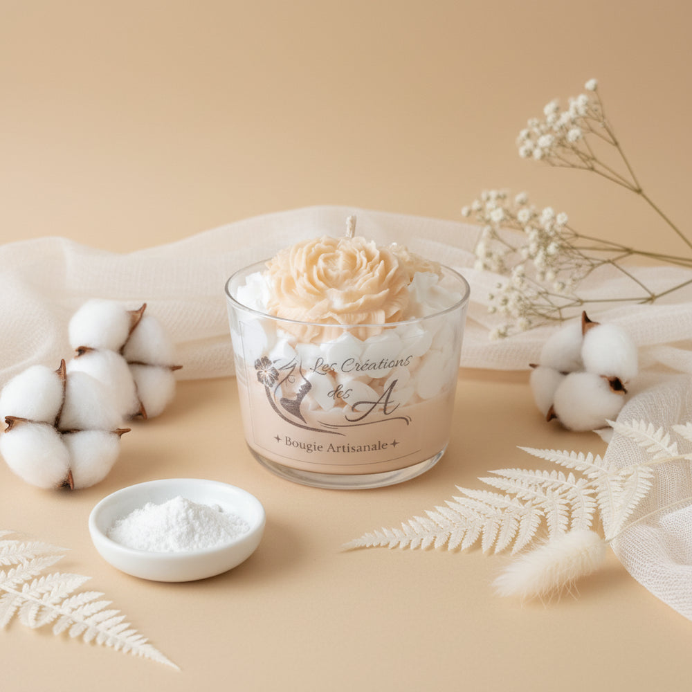 Bougie artisanale Musc Blanc Les Créations des A – rose sculptée en cire, chantilly blanc, fond mica doré