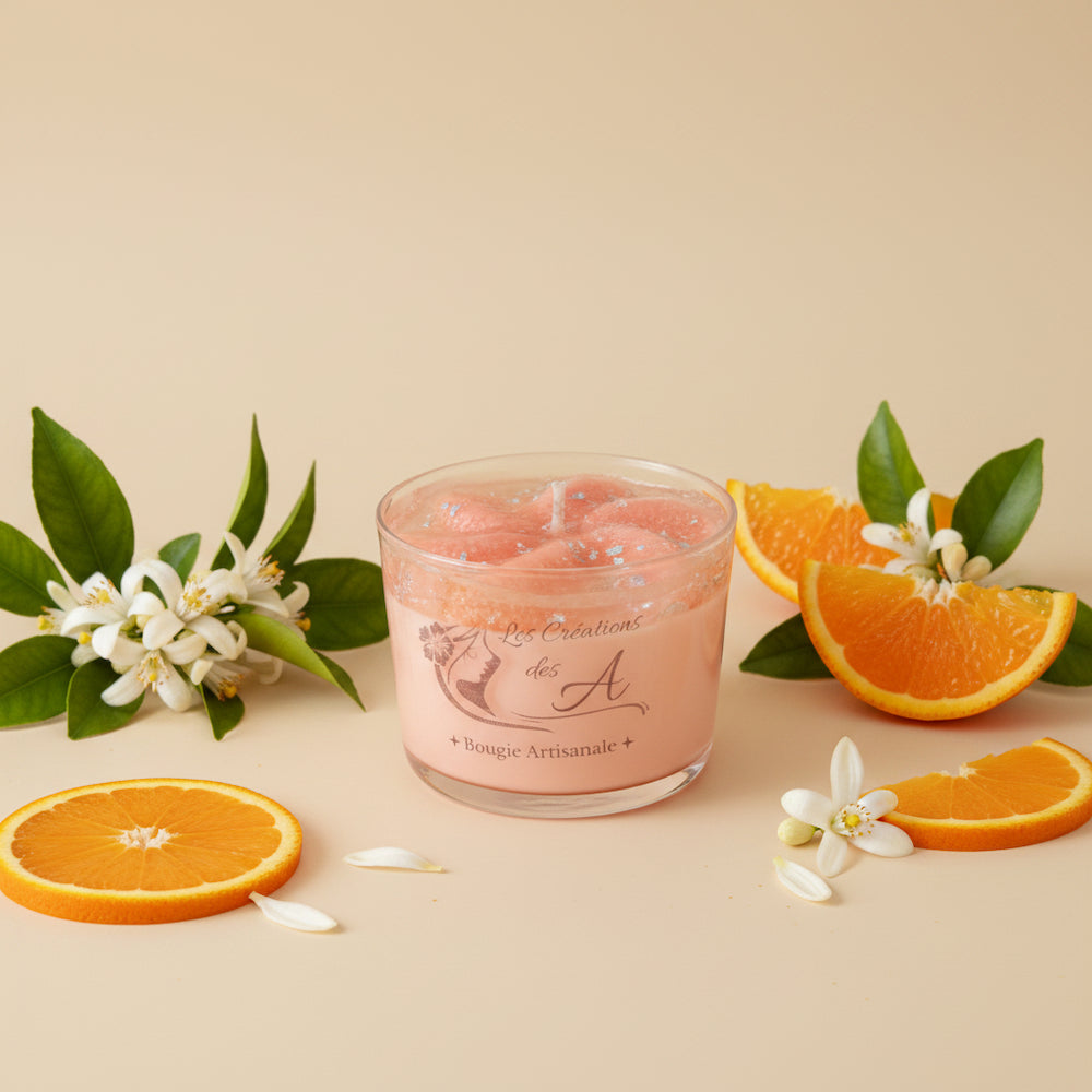Bougie artisanale Orange Blossom Les Créations des A – cire corail texturée aux reflets irisés, fond beige