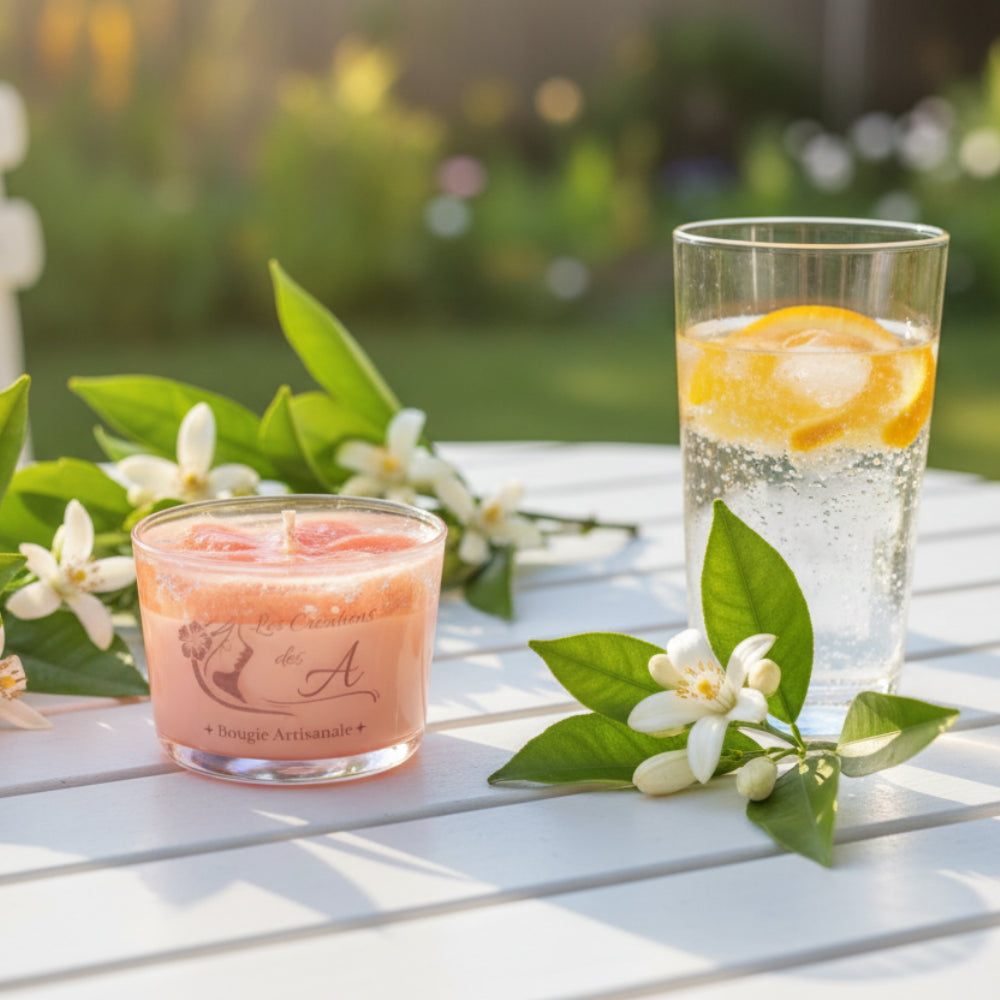Bougie parfumée Orange Blossom Les Créations des A sur une table de jardin fleurie, ambiance printanière en plein air