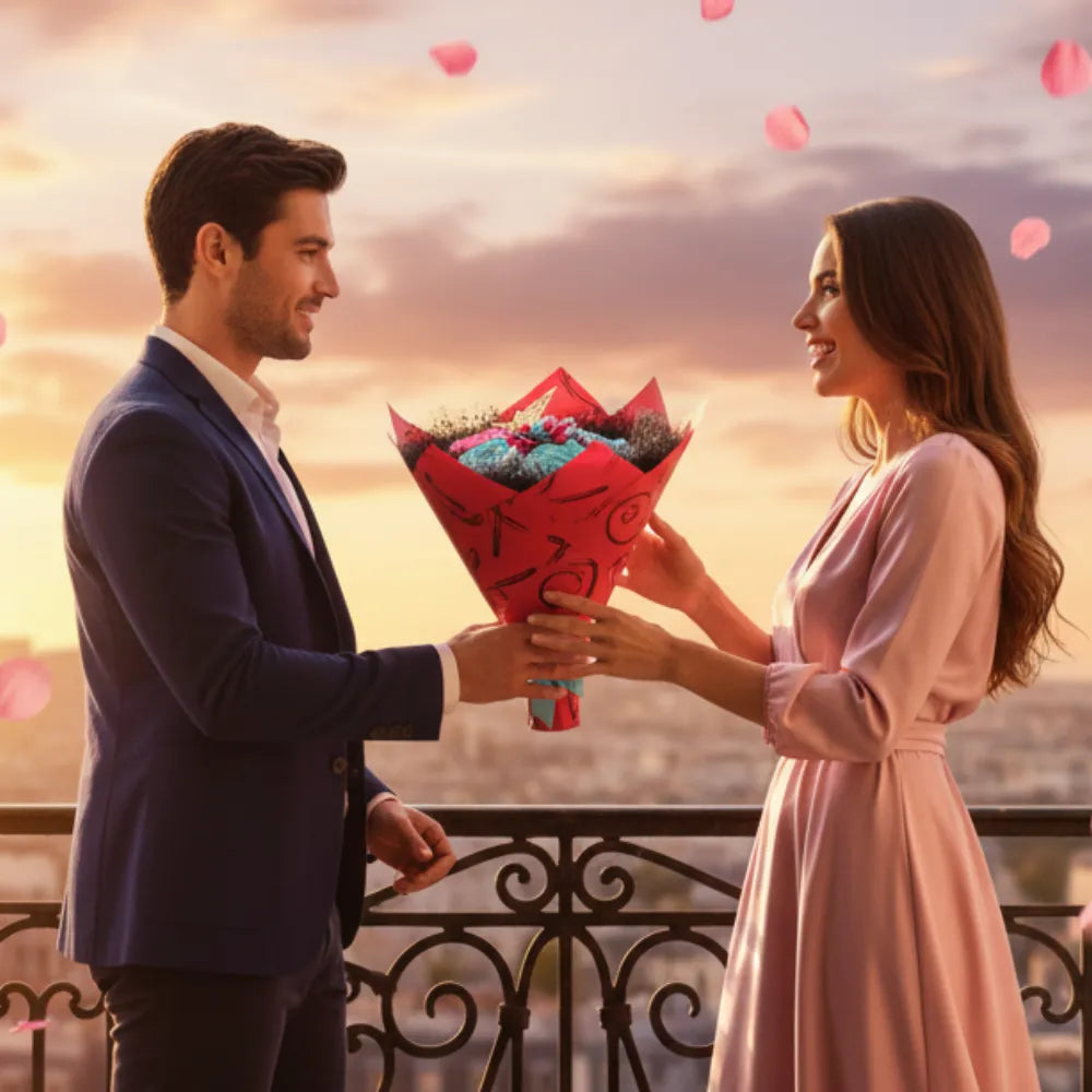 Homme offrant un bouquet de roses en satin à une femme, idée cadeau Saint-Valentin romantique fait main - Les Créations des A