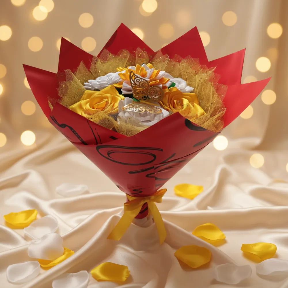 Bouquet de roses en satin doré et blanc, emballage rouge, décoration tulle doré, cadeau luxe fait main - Les Créations des A