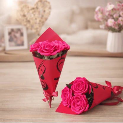 Bouquet de 3 roses en satin Fushia – cadeau floral éternel – Les Créations des A