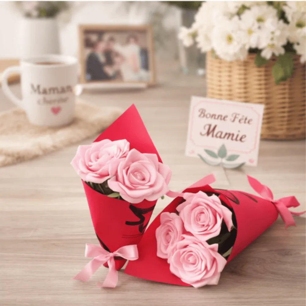 Bouquet de 3 roses en satin Rose – cadeau floral éternel – Les Créations des A