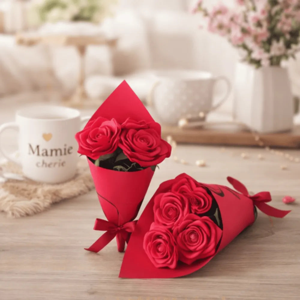 Bouquet de 3 roses en satin Rose – cadeau floral éternel – Les Créations des A