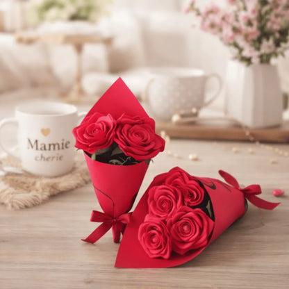 Bouquet de 3 roses en satin Rose – cadeau floral éternel – Les Créations des A