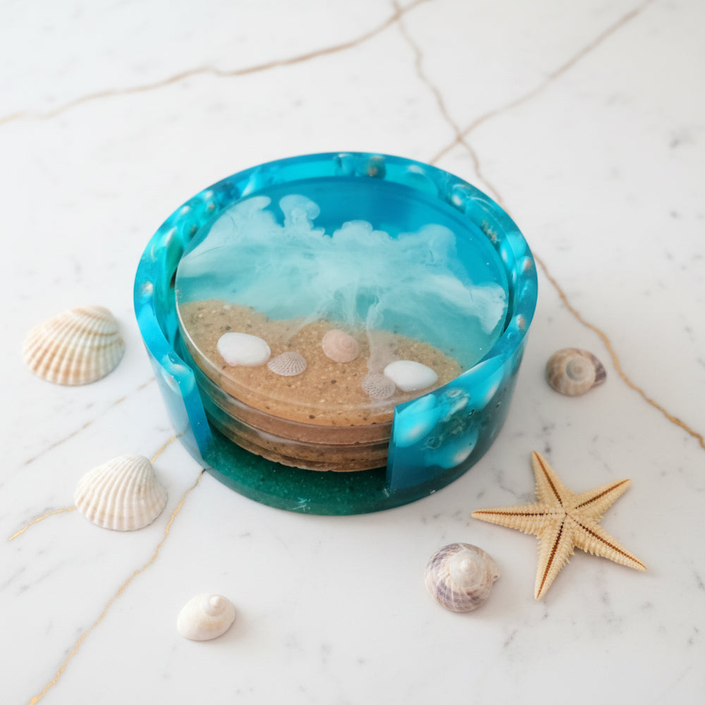 Coffret complet dessous de verre en résine turquoise avec boîte de rangement assortie, fait main - Les Créations des A