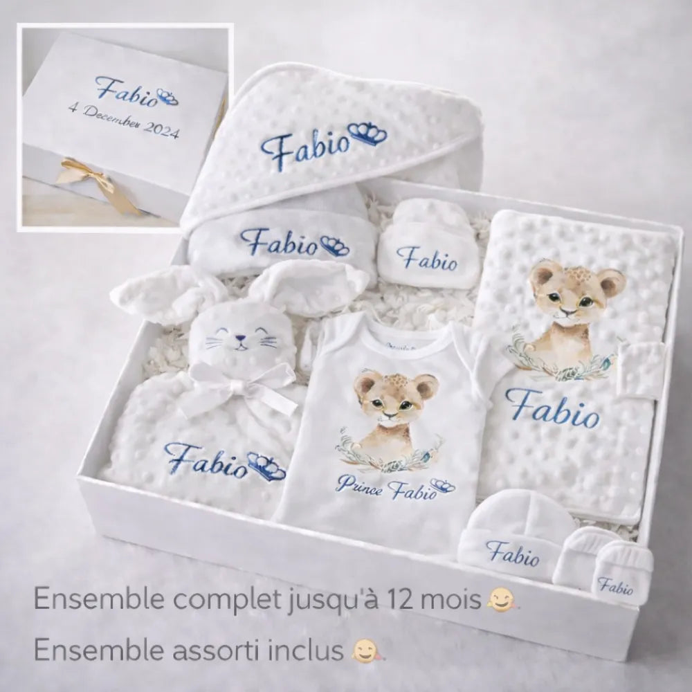 coffret naissance personnalisé bébé avec ensemble assorti body bonnet moufles chaussons doudou idée cadeau naissance - Les Créations des A