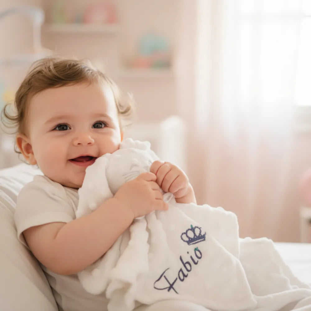 Bébé avec son doudou lapin personnalisé minky – cadeau naissance fait main - Les Créations des A 