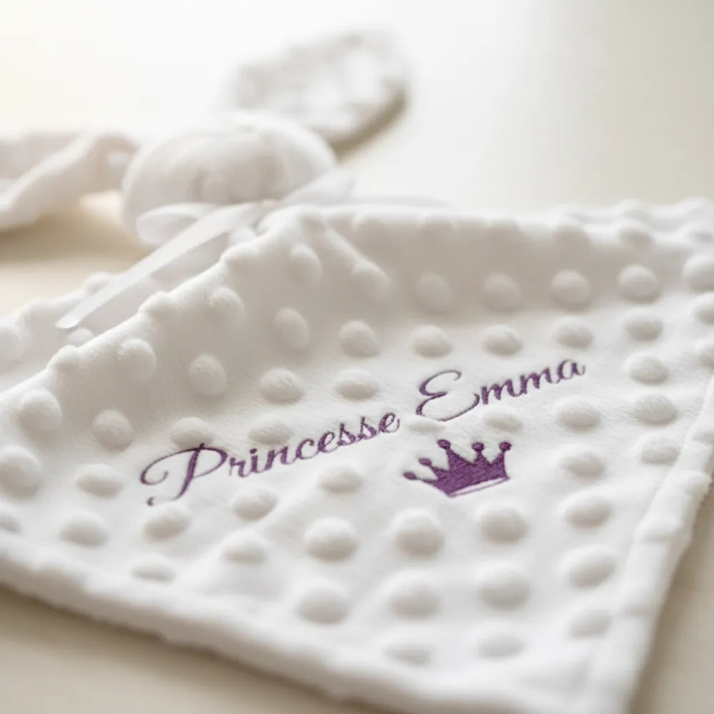 Détail personnalisation prénom Princesse Emma sur doudou lapin bébé personnalisé – création artisanale - Les Créations des A