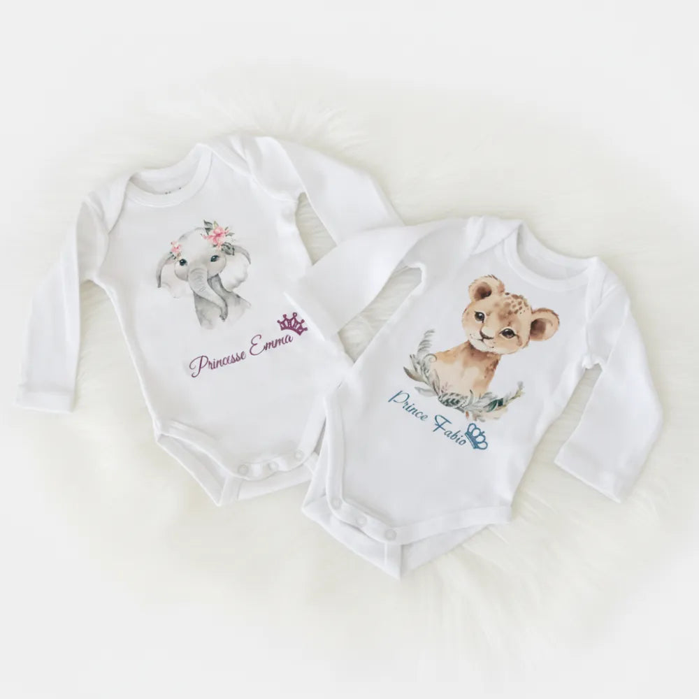 Duo de bodies bébé personnalisés brodés éléphant et lionceau – cadeau naissance original - Les Créations des A