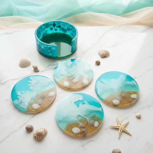 Set de 4 dessous de verre en résine fait main, motif vagues océan turquoise et coquillages - Les Créations des A