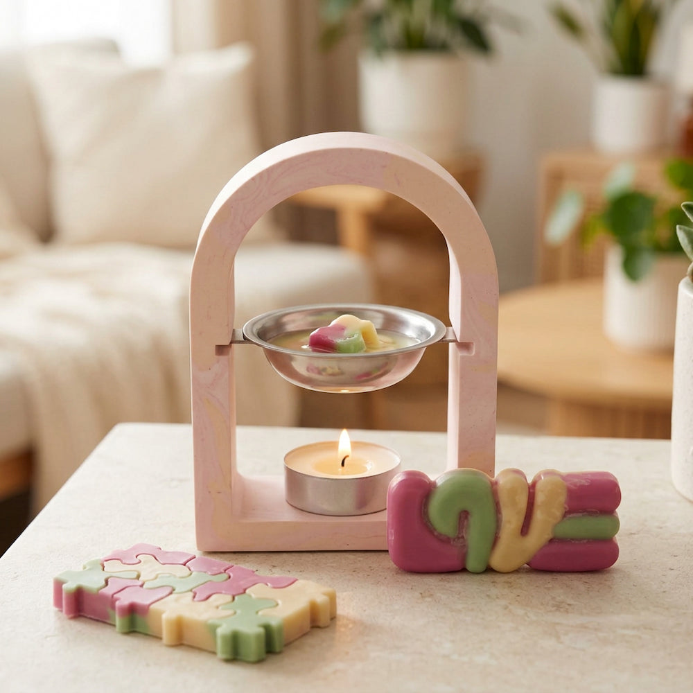 Fondants parfumés Fruits Confits multicolores en forme de puzzle et de love avec un brûle-parfum à arche rose - Les Créations des A