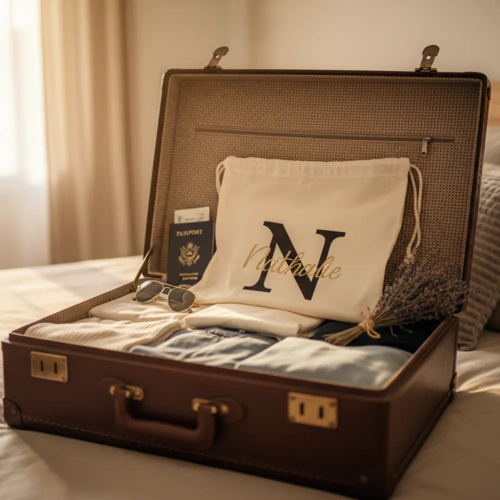 Grand pochon en coton avec initiale "N" et prénom Nathalie dans une valise ouverte – idée cadeau voyage personnalisé - Les Créations des A