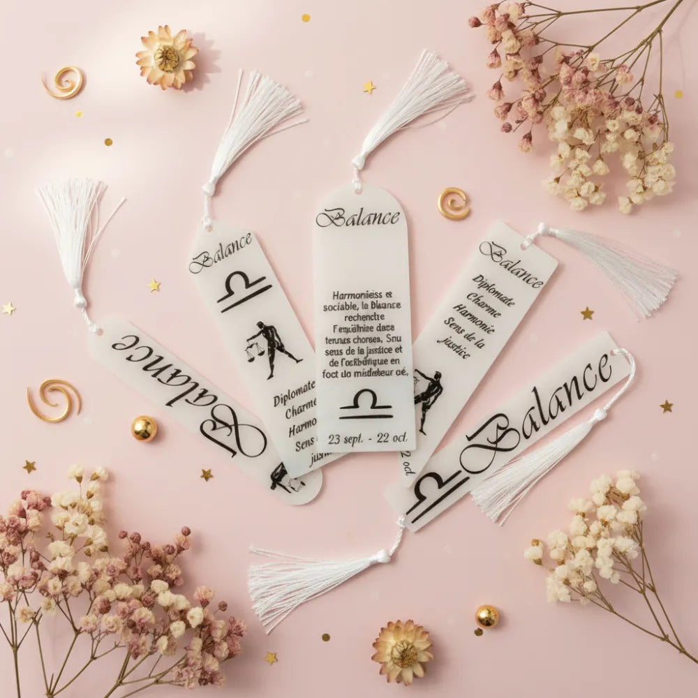 Marque-page signe astrologique Balance en résine blanc crème avec pompon, décoration florale fond rose - Les Créations des A