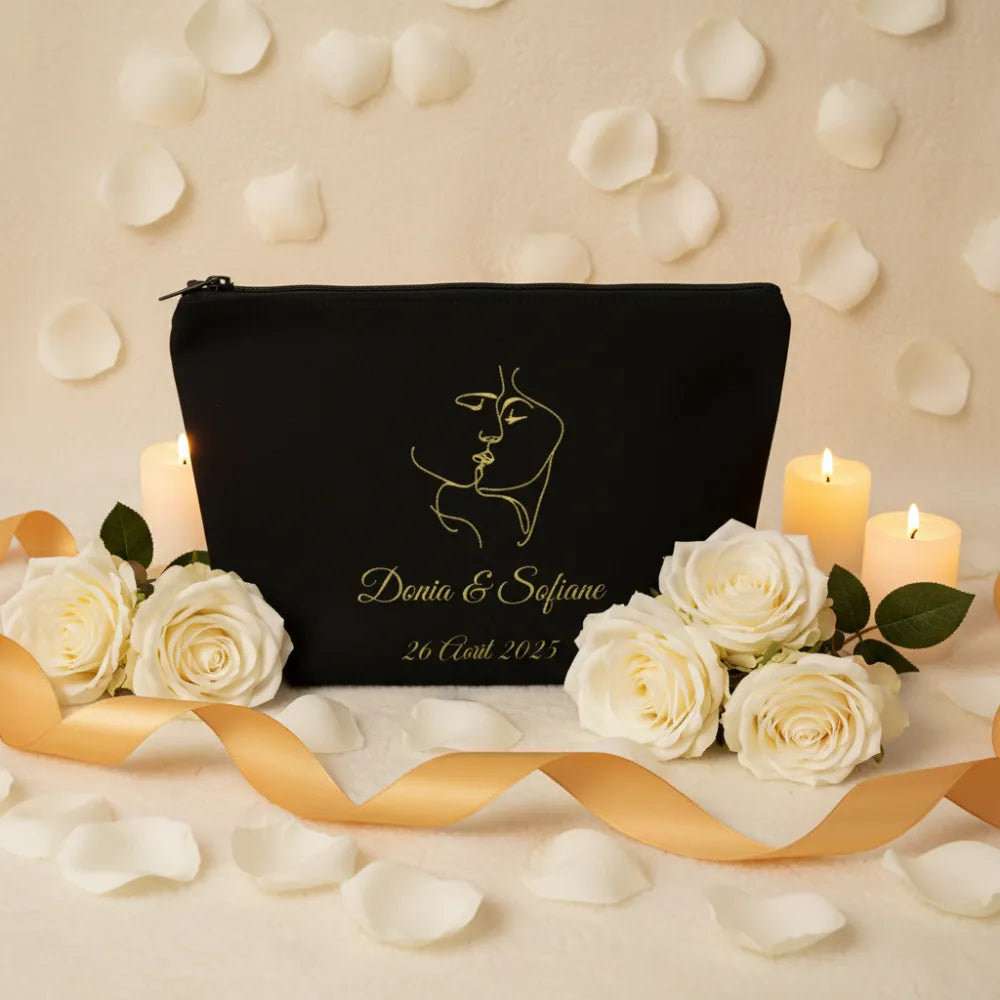 Pochette noire mariage personnalisée avec illustration dorée – souvenir EVJF original - Les Créations des A
