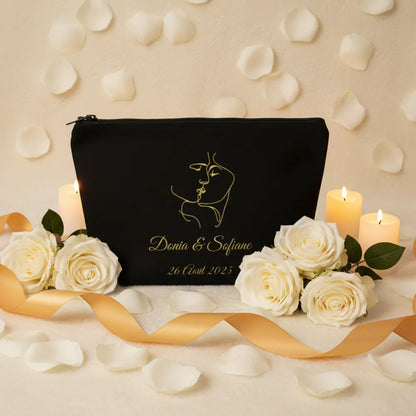 Pochette noire mariage personnalisée avec illustration dorée – souvenir EVJF original - Les Créations des A
