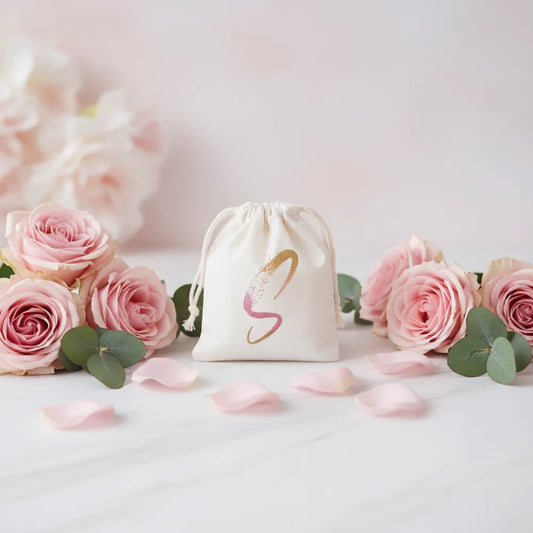 Pochon en coton blanc avec initiale décorative florale, roses roses et eucalyptus – cadeau personnalisé féminin - Les Créations des A