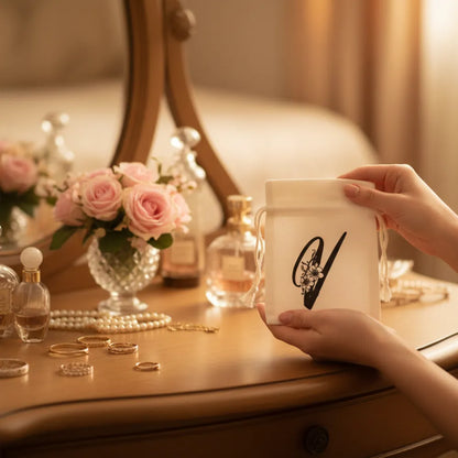 Femme tenant un pochon en coton avec initiale personnalisée sur une coiffeuse avec bijoux et roses – idée cadeau - Les Créations des A
