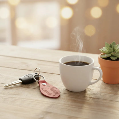 Porte-clé en cuir rouge personnalisé accroché à des clés de voiture, ambiance cosy matin avec café et lumières dorées - Les Créations des A