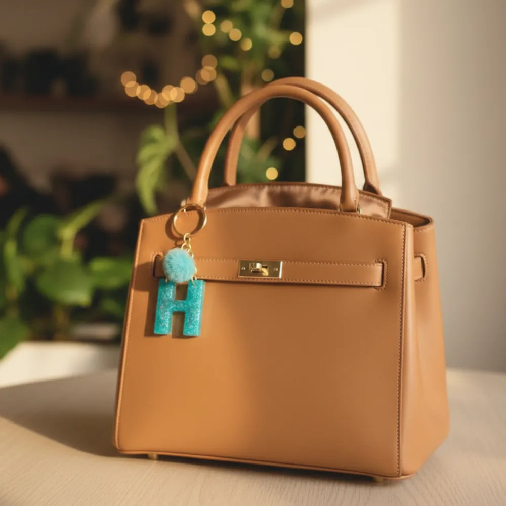 Porte-clé lettre H en résine turquoise pailletée accroché à un sac à main en cuir – bijou de sac fait main – Les Créations des A