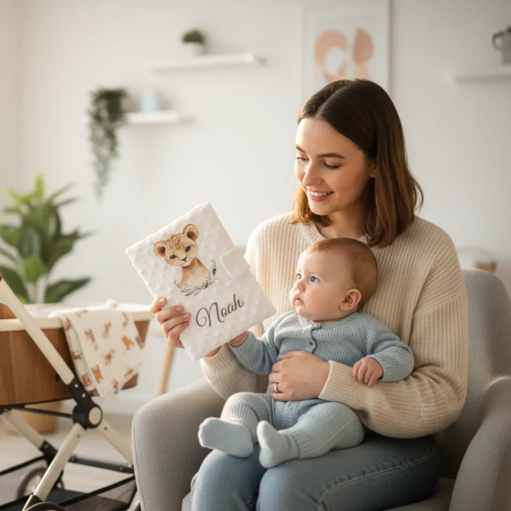 Maman et bébé avec protège carnet de santé personnalisé minky – cadeau naissance fait main - Les Créations des A