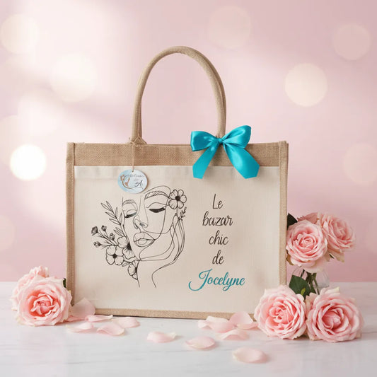 Sac en jute "Le bazar chic de Jocelyne" avec nœud turquoise personnalisé – idée cadeau femme - Les Créations des A