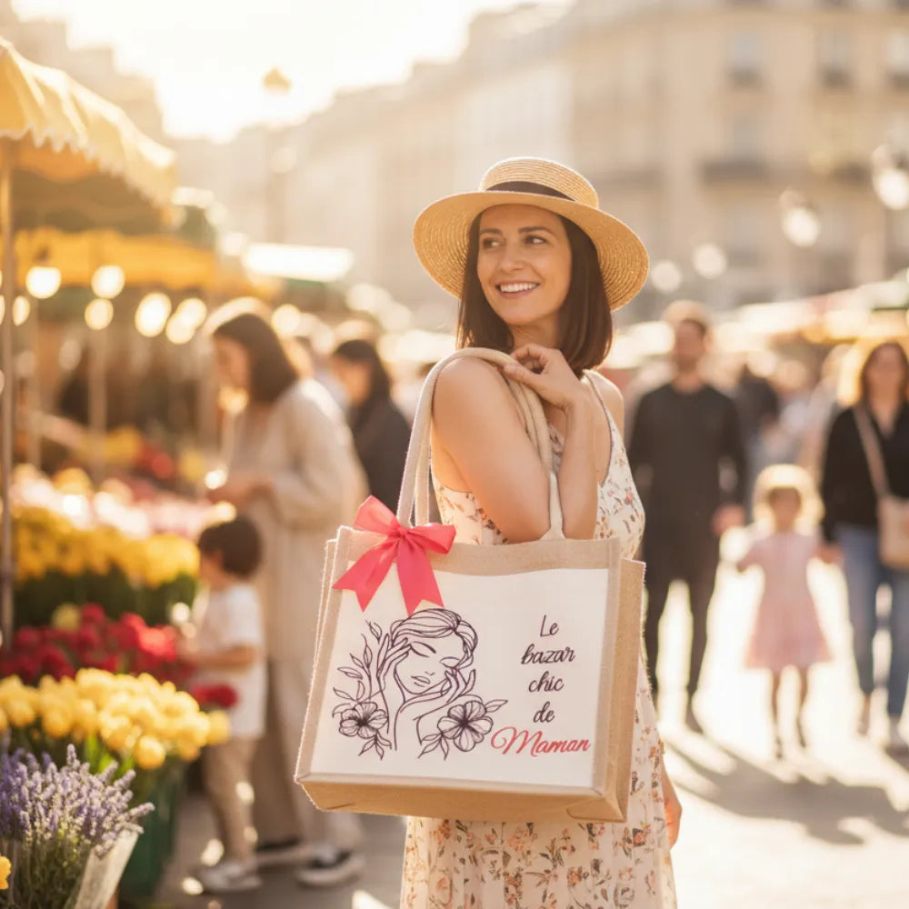Femme portant un sac en jute "Le bazar chic de Maman" dans un marché parisien – lifestyle fête des mères - Les Créations des A