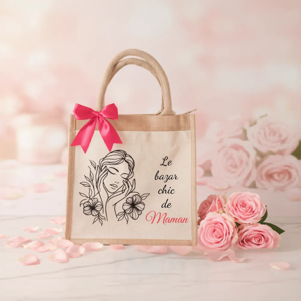 Sac en jute "Le bazar chic de Maman" avec nœud rose et illustration florale – cadeau fête des mères - Les Créations des A