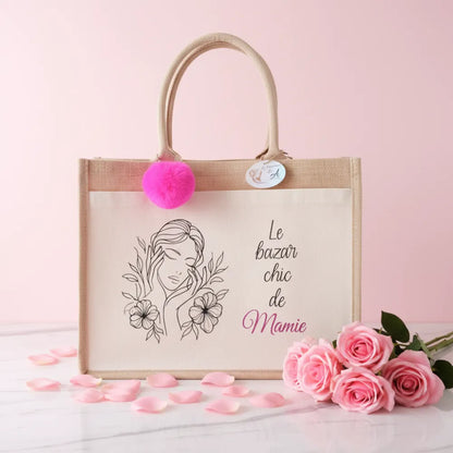 Sac en jute "Le bazar chic de Mamie" avec pompon rose – cadeau grand-mère personnalisé - Les Créations des A