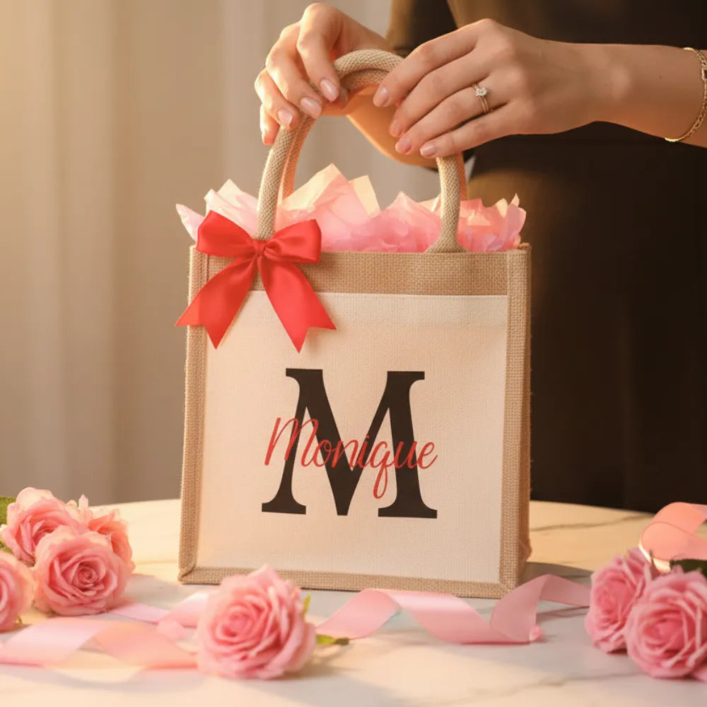 Mains offrant un sac en jute personnalisé initiale "M" Monique avec roses roses – idée cadeau fête des mères original - Les Créations des A