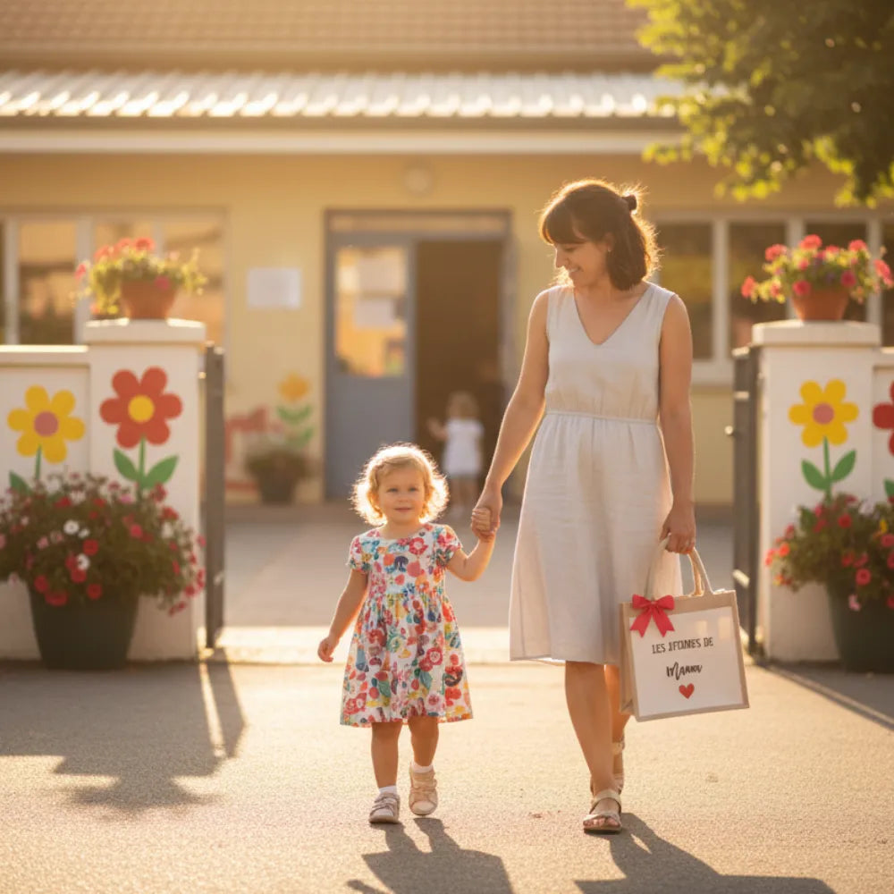 Maman et enfant sortant de la maternelle avec sac en jute personnalisé "Les affaires de" – cadeau naissance - Les Créations des A