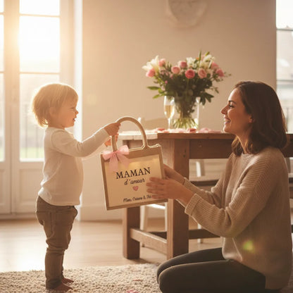 Enfant offrant un sac en jute "Maman d'amour" personnalisé à sa maman – cadeau émotion  Les Créations des A