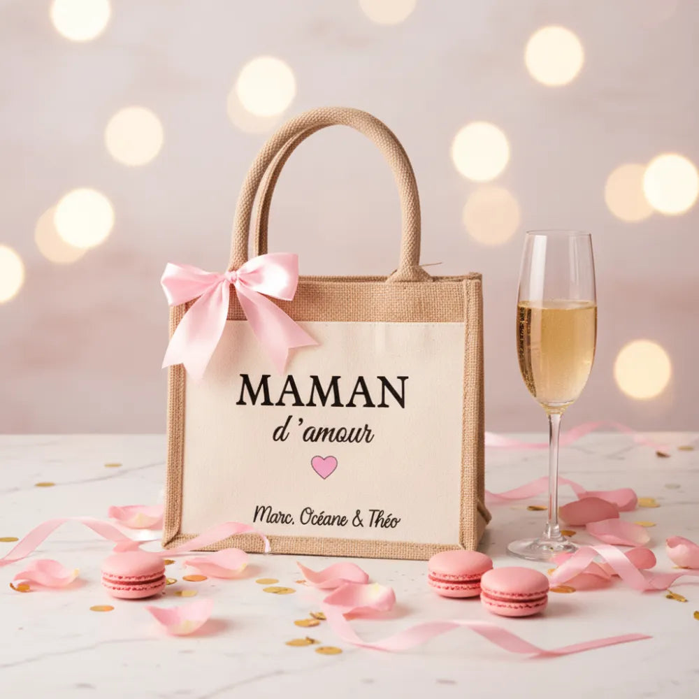 Sac en jute "Maman d'amour" personnalisé avec nœud rose, macarons et champagne – cadeau fête des mères - Les Créations des A