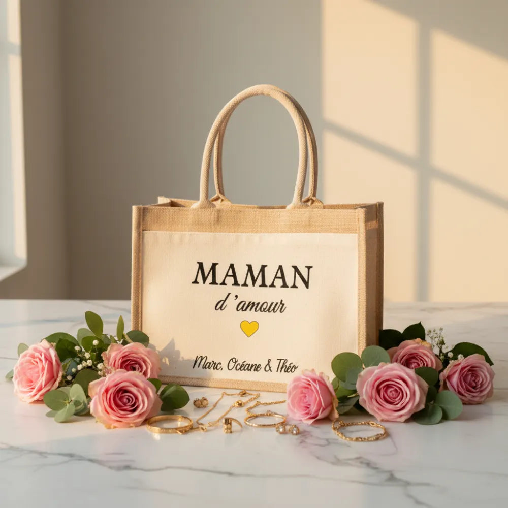 Sac en jute "Maman d'amour" avec roses et bijoux dorés – cadeau personnalisé fête des mères - Les Créations des A