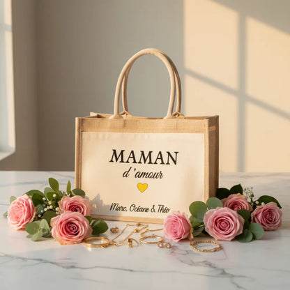 Sac en jute "Maman d'amour" avec roses et bijoux dorés – cadeau personnalisé fête des mères - Les Créations des A
