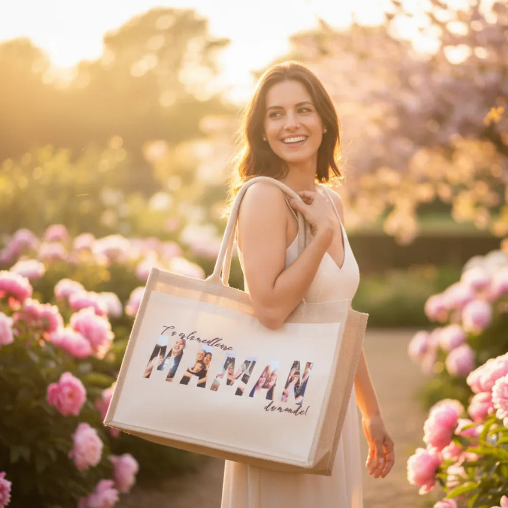 Femme portant un sac en jute "Maman" avec photos intégrées dans les lettres dans un jardin fleuri – cadeau personnalisé - Les Créations des A