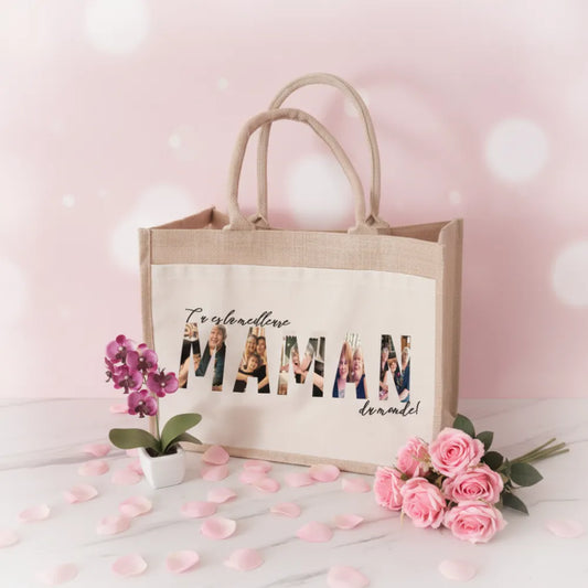 Sac en jute "Tu es la meilleure Maman du monde" avec photos dans les lettres et roses roses – cadeau fête des mères - Les Créations des A