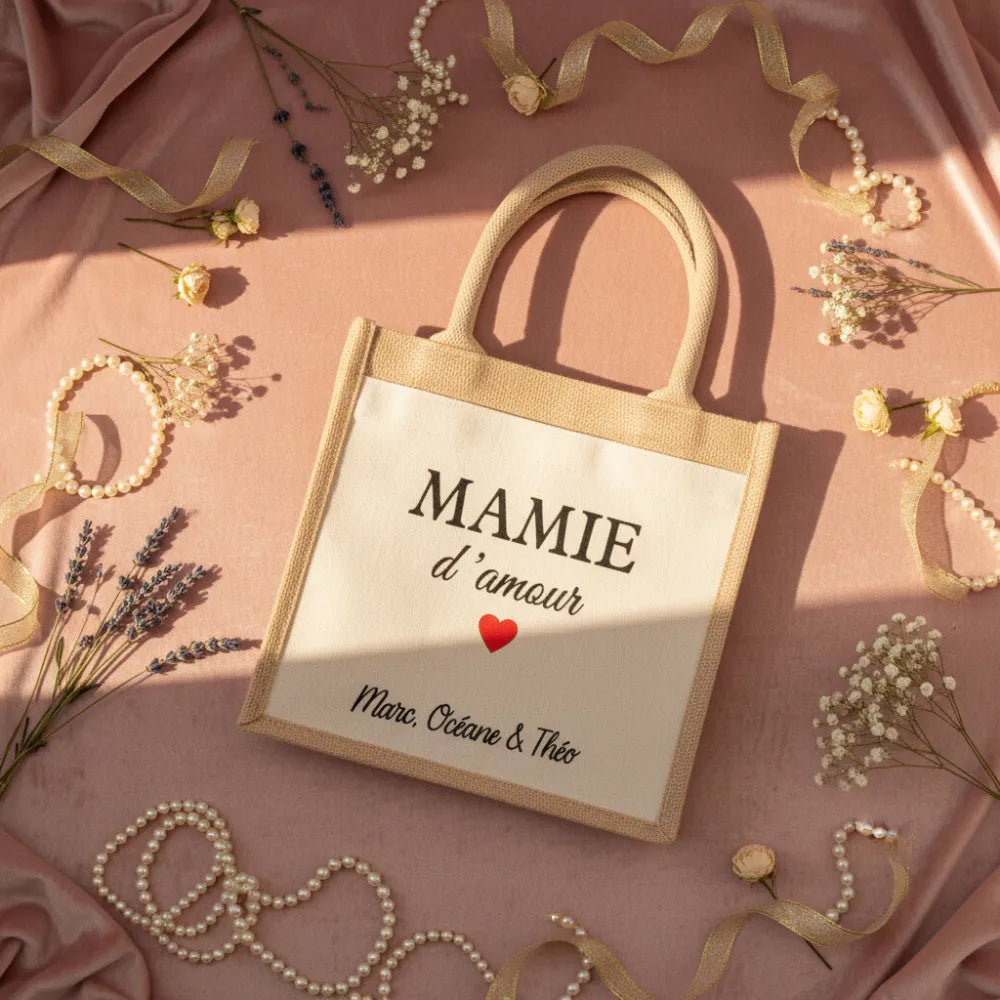 Sac en jute "Mamie d'amour" personnalisé avec prénoms sur fond rose poudré romantique - Les Créations des A