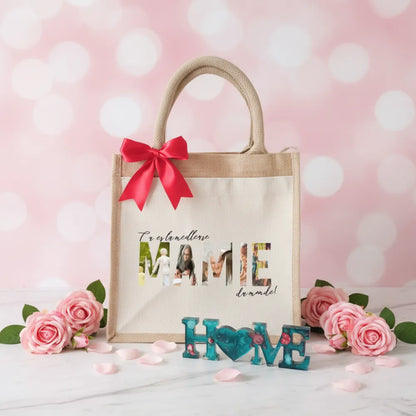 Sac en jute "Tu es la meilleure Mamie du monde" avec nœud rouge et photos dans les lettres – cadeau grand-mère original - Les Créations des A