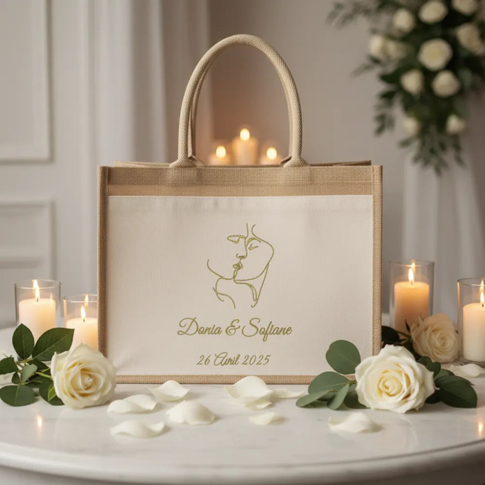 Grand sac en jute mariage personnalisé entouré de bougies et roses blanches – cadeau élégant - Les Créations des A