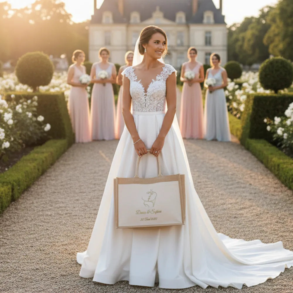 Mariée portant un grand sac en jute personnalisé devant un château – souvenir mariage EVJF - Les Créations des A