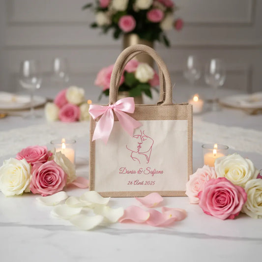 Petit sac en jute mariage avec nœud rose, roses et bougies – cadeau invité mariage personnalisé - Les Créations des A