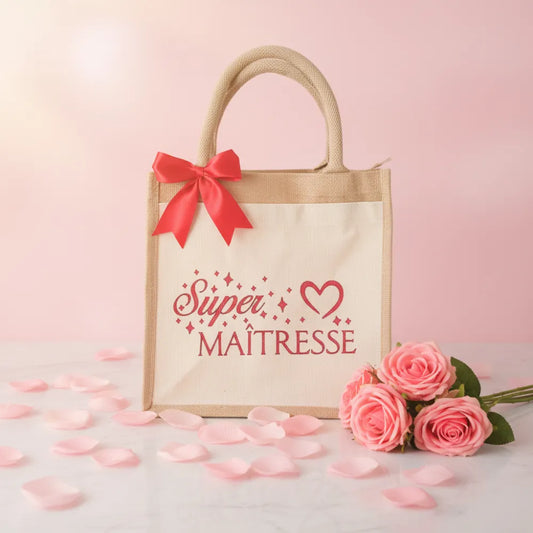 Sac en jute "Super Maîtresse" avec nœud rose – cadeau fin d'année scolaire personnalisé - Les Créations des A