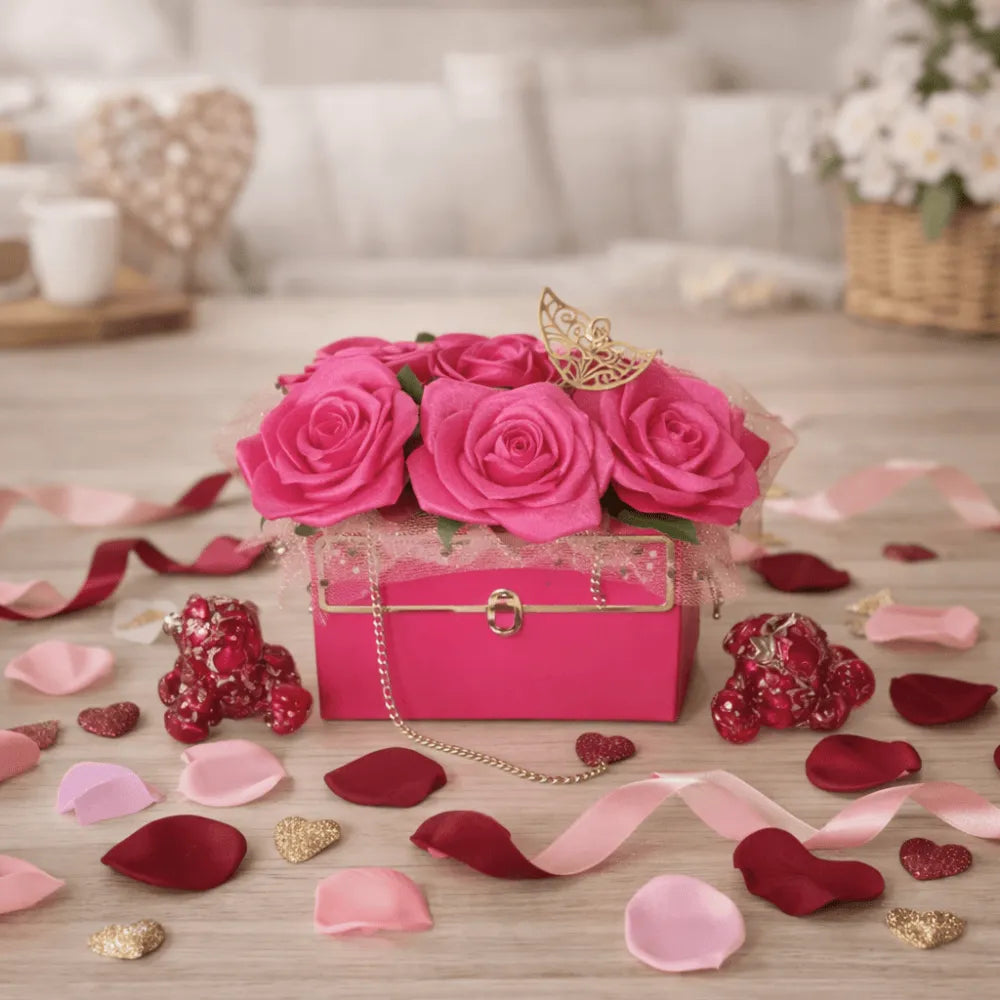 Sac garni de roses en satin – coffret cadeau floral fait main – Les Créations des A