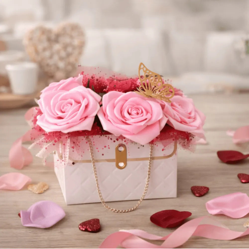 Sac garni de roses en satin – coffret cadeau floral fait main – Les Créations des A